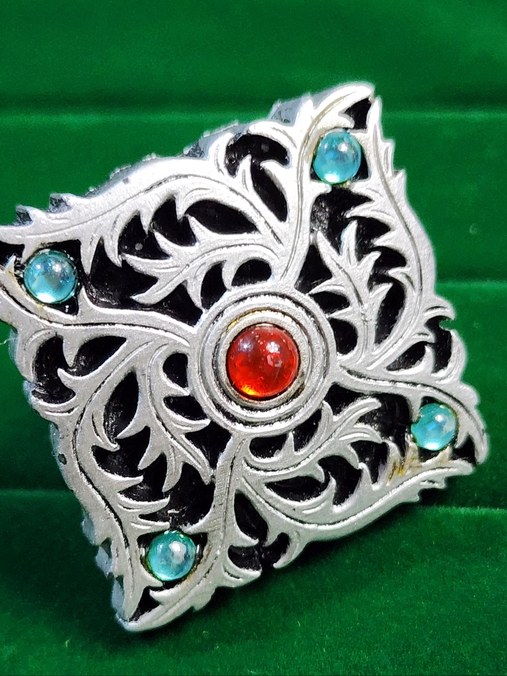1980s Artisan Multi Stone Ring Red Turquoise Cabochon Silver Tone Adjustable - Picture 4 of 6
